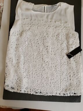 White Lace Camisole Top with Lace Overlay - Large
